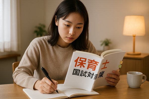保育士国家試験の対策テキストで自宅学習する女性