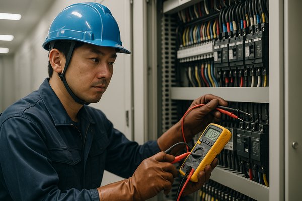 ビルの配電盤を点検する電気工事士