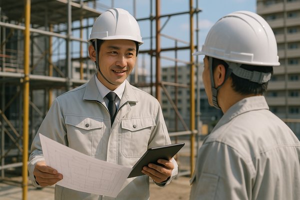建築現場でタブレットを確認する施工管理者