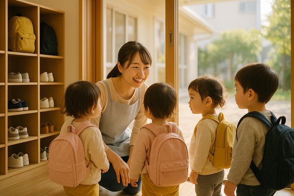 朝の保育園で登園した子供を迎える保育士