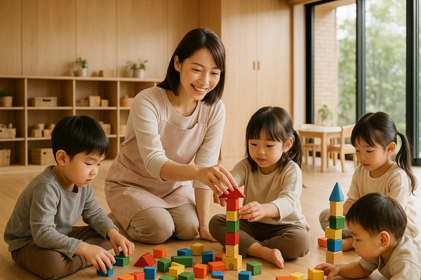モダンな私立保育園で子供たちと遊ぶ保育士