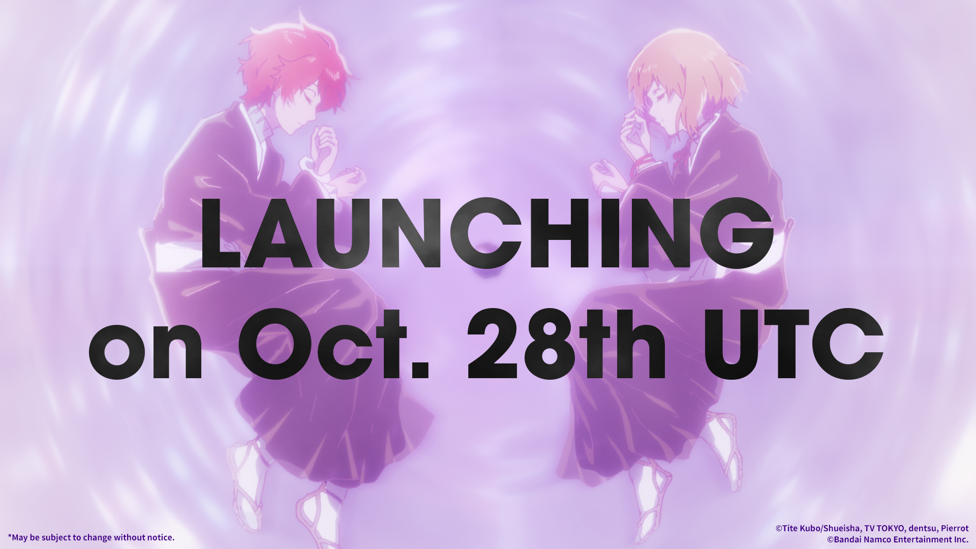 Two young Soul Reapers in black shihakushō float with their eyes closed against a swirling lilac background, behind the text LAUNCHING on Oct. 28th UTC