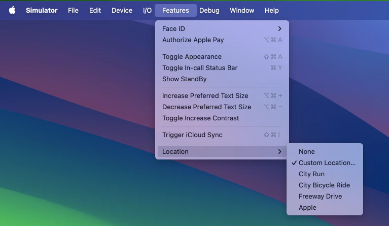 iOSシミュレータの位置情報設定 Custom Location...