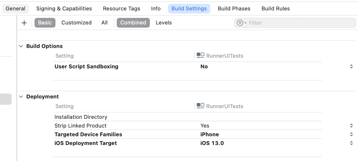 iOS デプロイメント ターゲットの確認