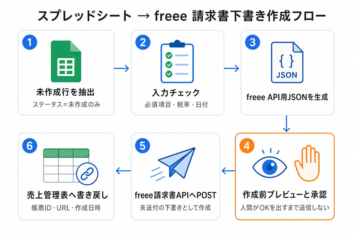 スプレッドシート → freee 請求書下書き作成フロー