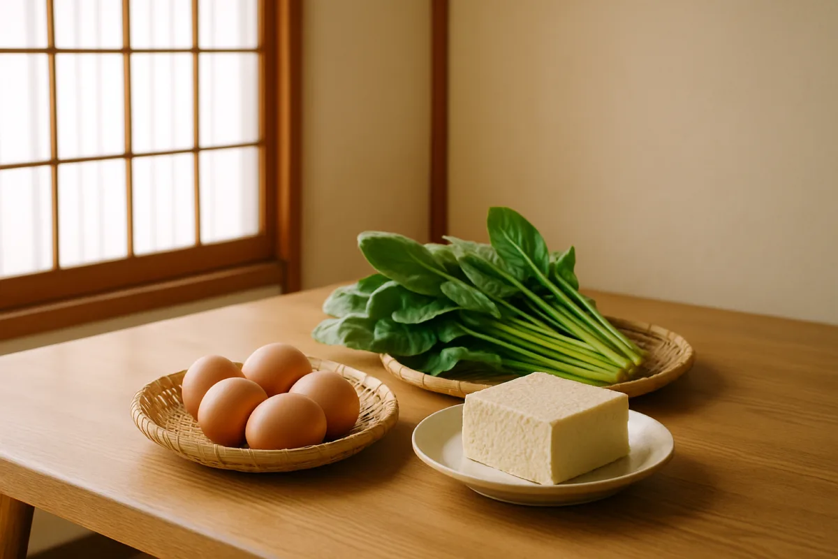 木のテーブルに並んだ卵や豆腐など食材の静物写真
