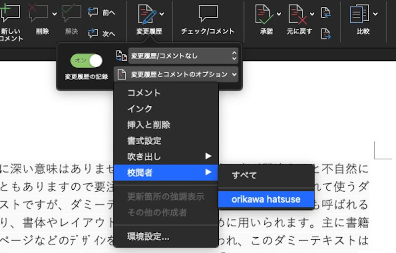 Word校閲機能：校閲者表示設定