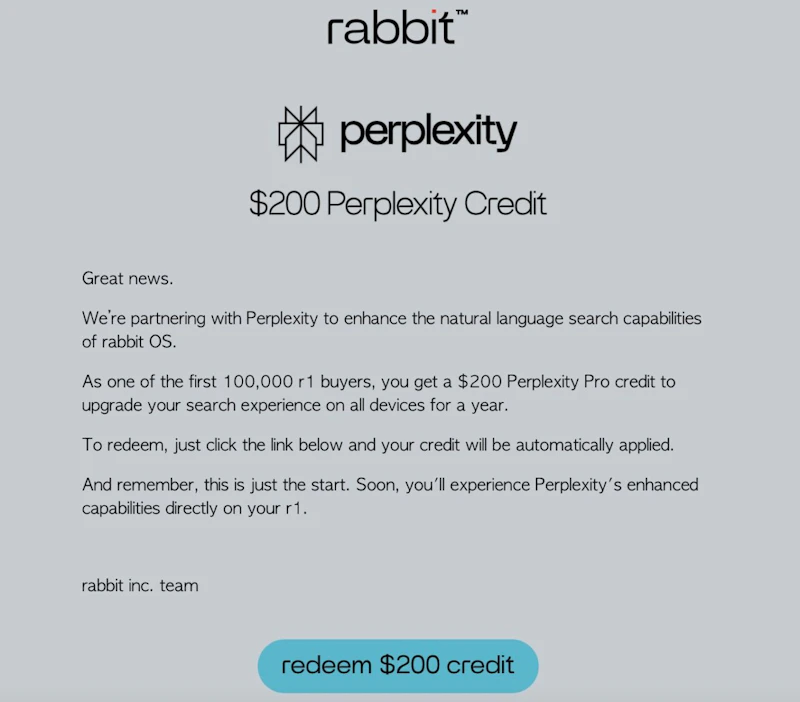 Rabbit R1：Perplexity Proクレジット配布キャンペーン