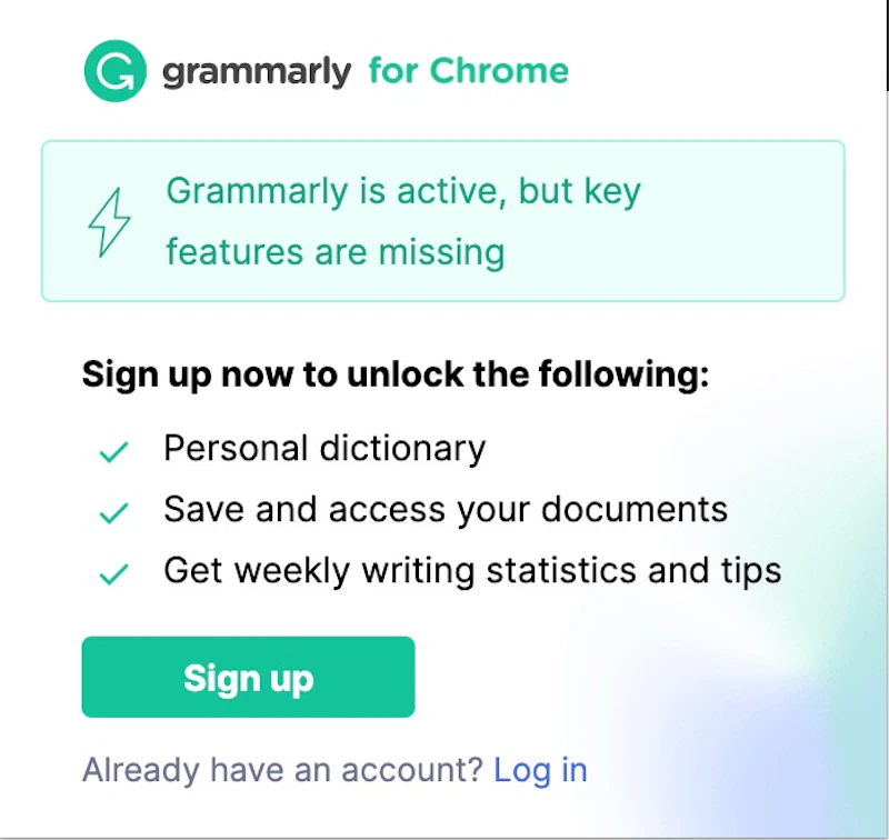 Grammarly：Chrome拡張ウィンドウ（未登録）
