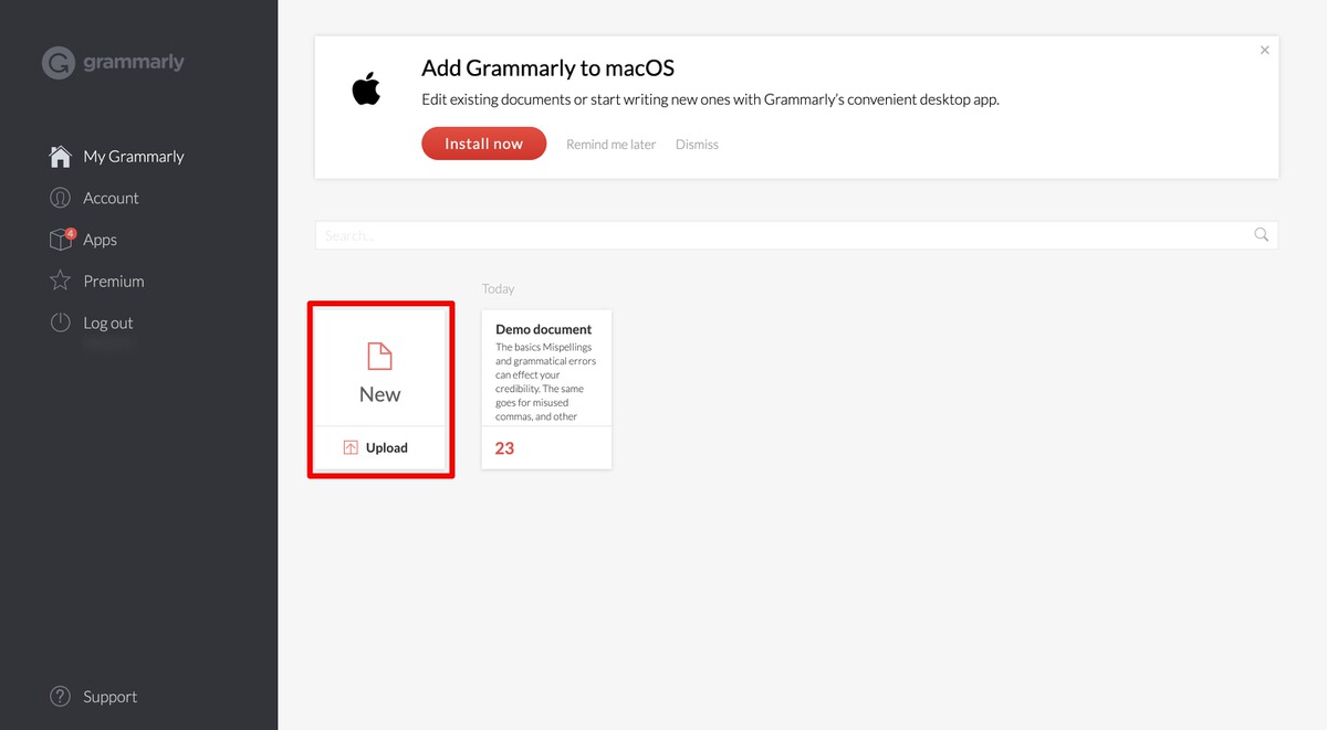 Grammarly：新規文書作成