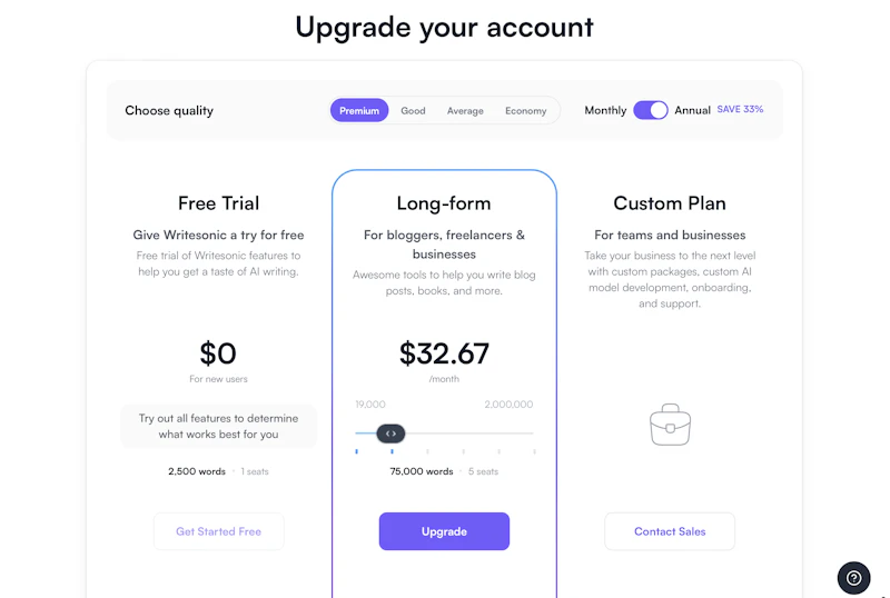 Writesonic：料金プラン