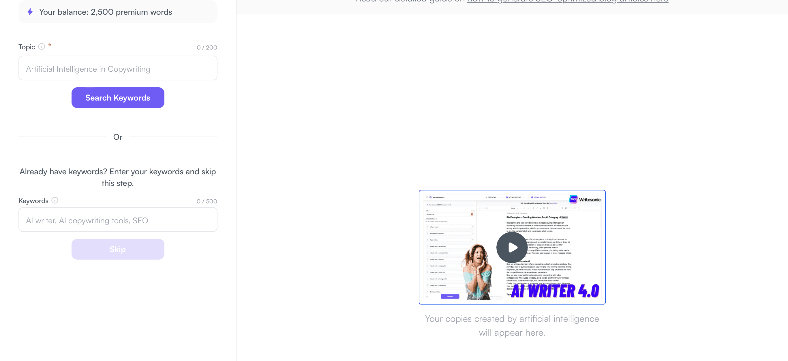 Writesonic：AI Article Writer（テーマ入力）