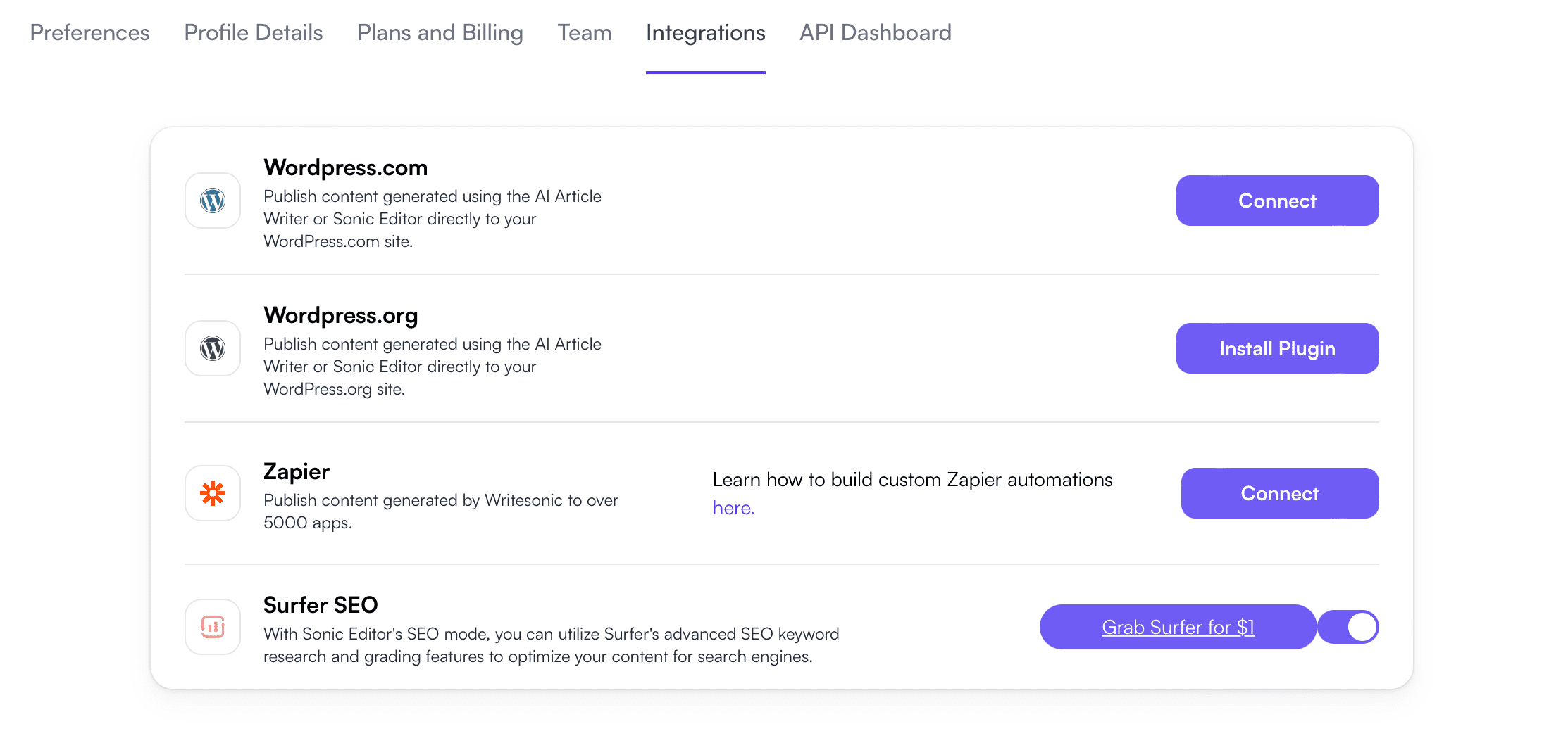 Writesonic：外部アプリ連携