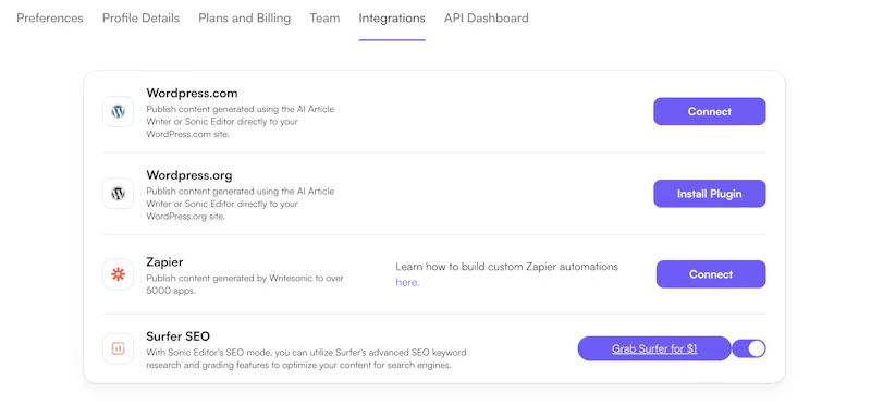 Writesonic：外部アプリ連携
