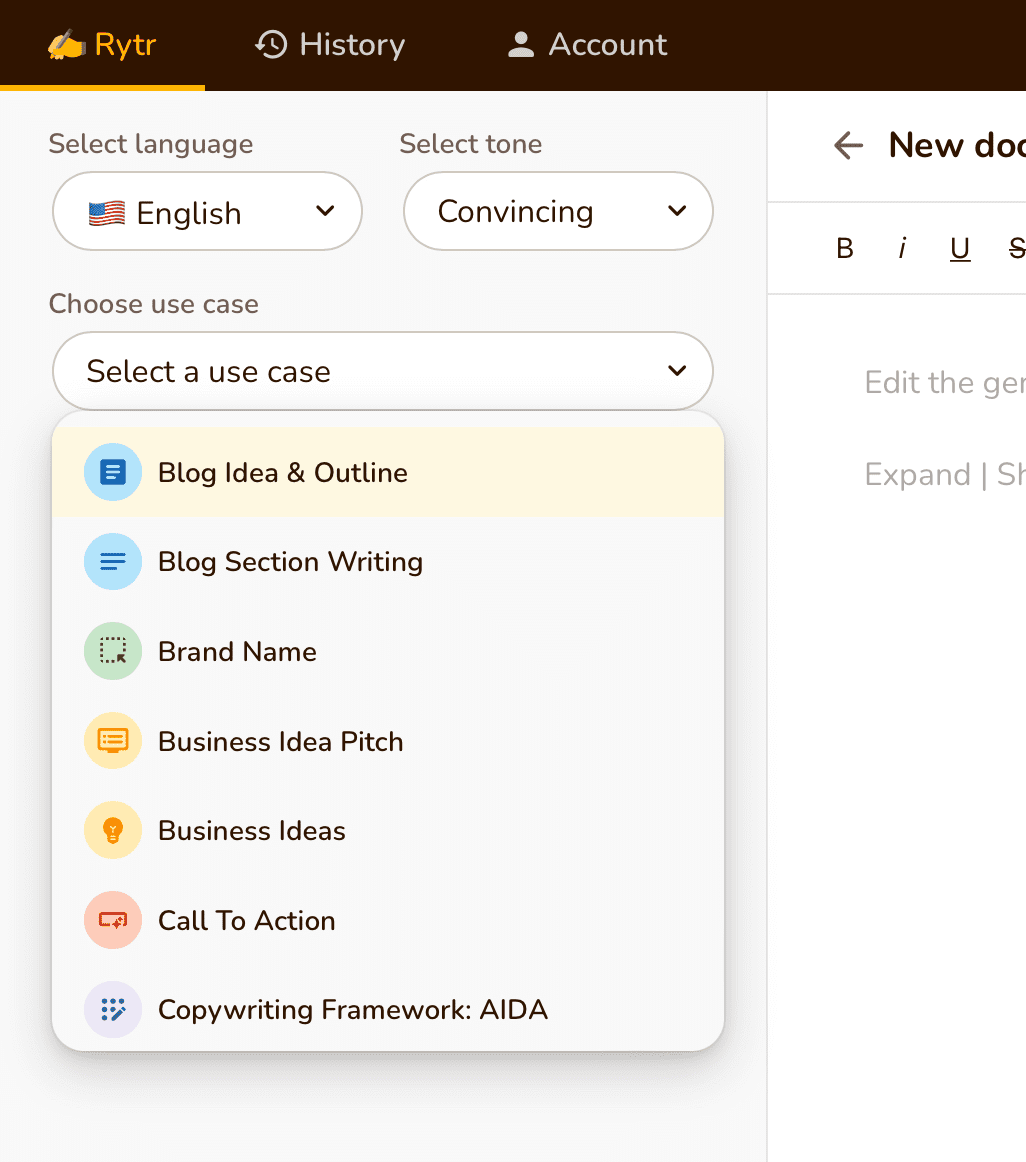 Rytr：テンプレート選択