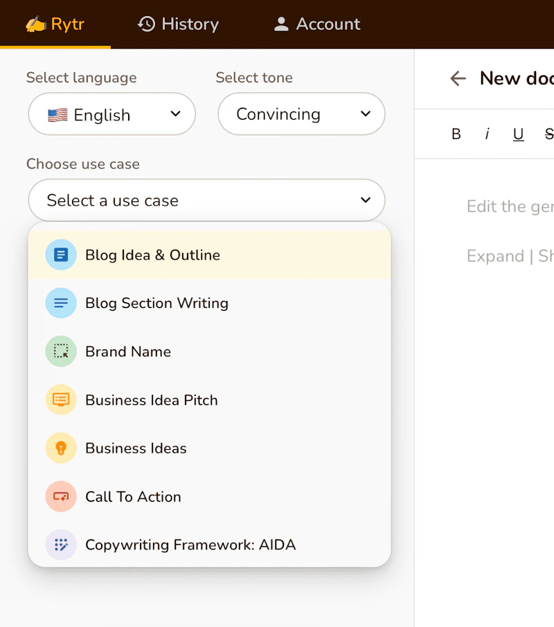 Rytr：テンプレート選択