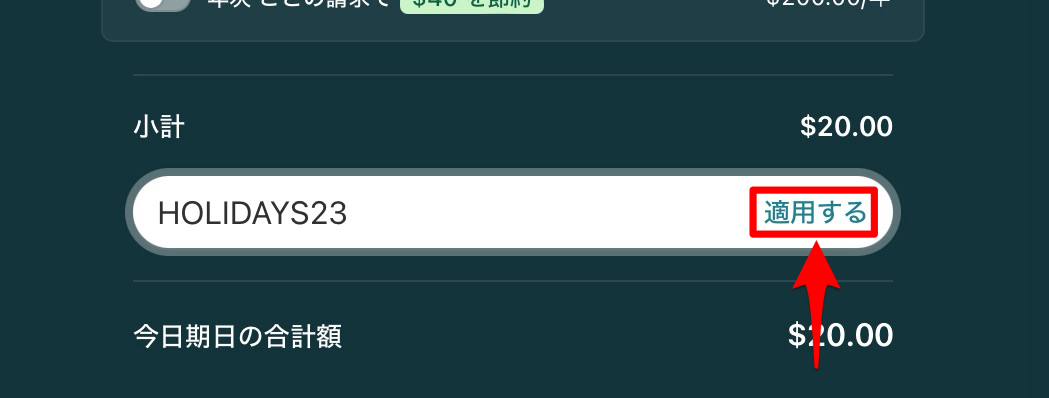Perplexity Proプロモーションコードの使い方：コード適用ボタン