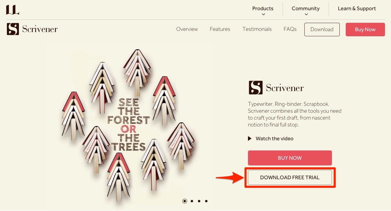Scrivnerのサイトにアクセスして「DOWNLOAD FREE TRIAL」をクリック