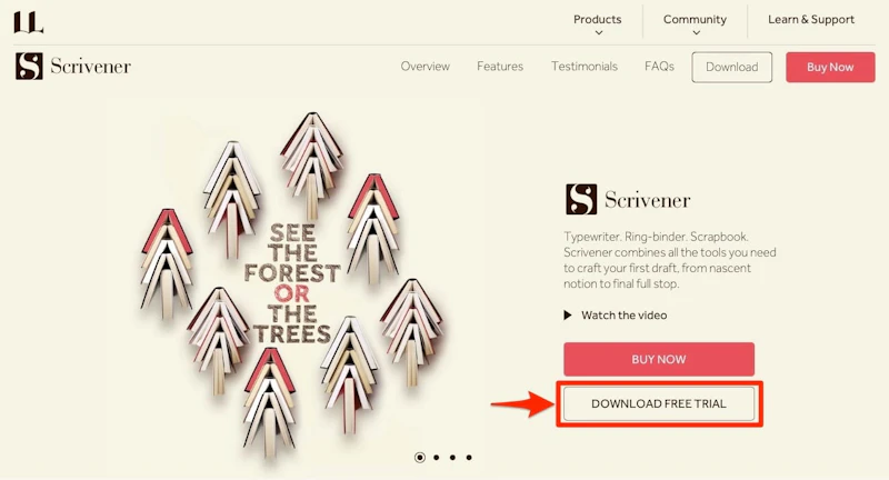 Scrivnerのサイトにアクセスして「DOWNLOAD FREE TRIAL」をクリック