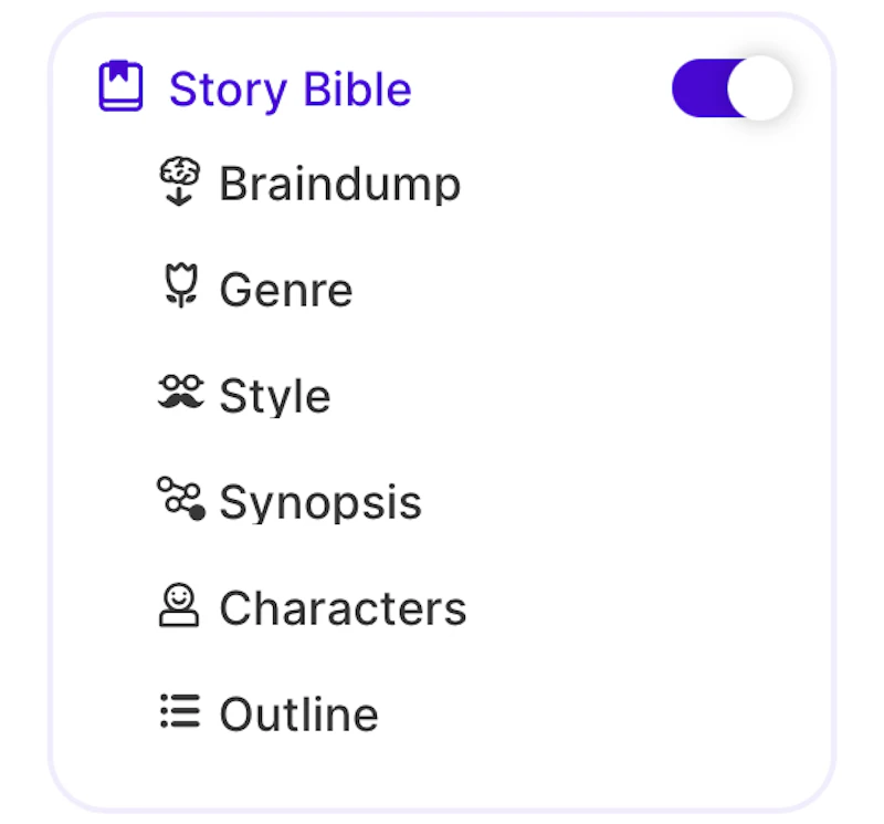 Sudowrite：ストーリーバイブル（メニュー）