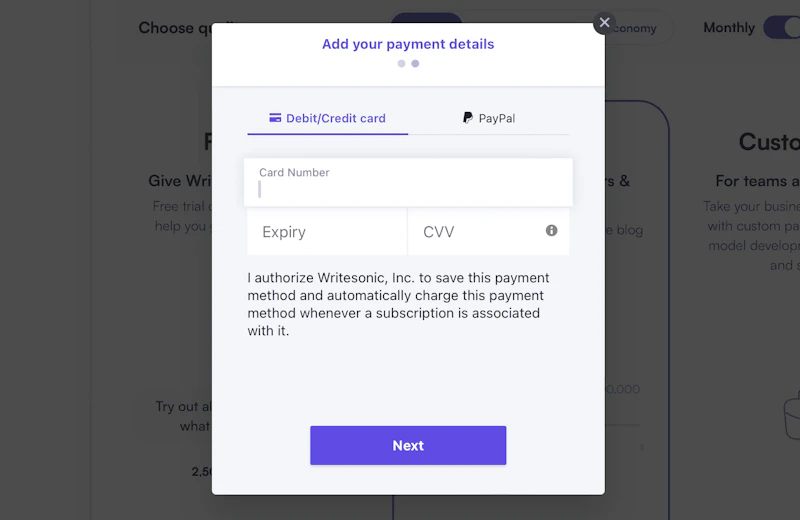 Writesonic：支払い情報入力
