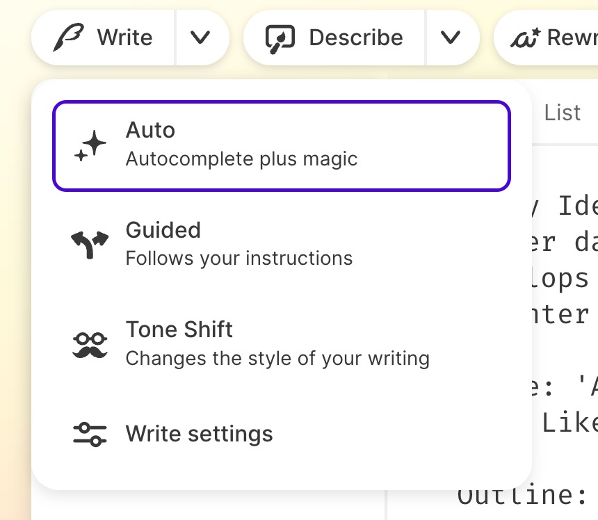 Sudowrite：ライティングモード