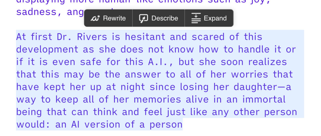 Sudowrite：ポップアップメニュー