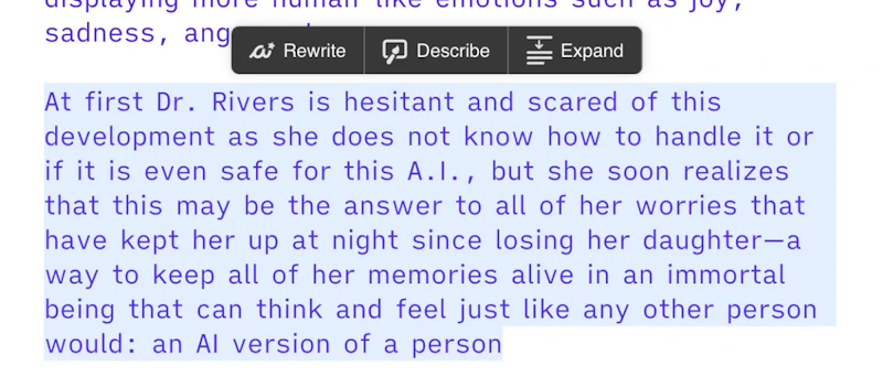 Sudowrite：ポップアップメニュー