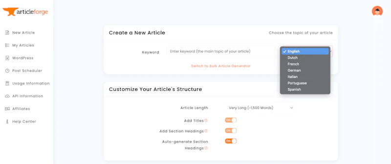 Article Forge：言語設定