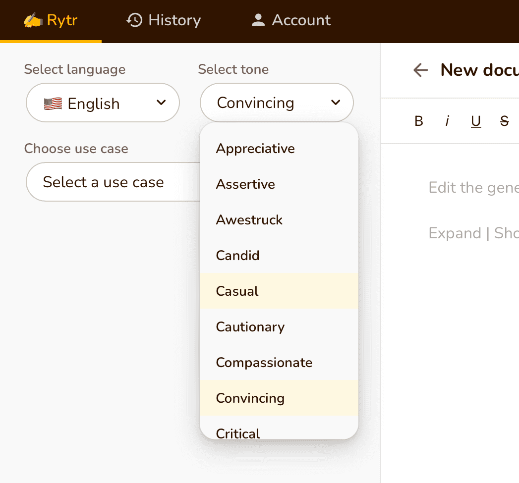 Rytr：文章トーン
