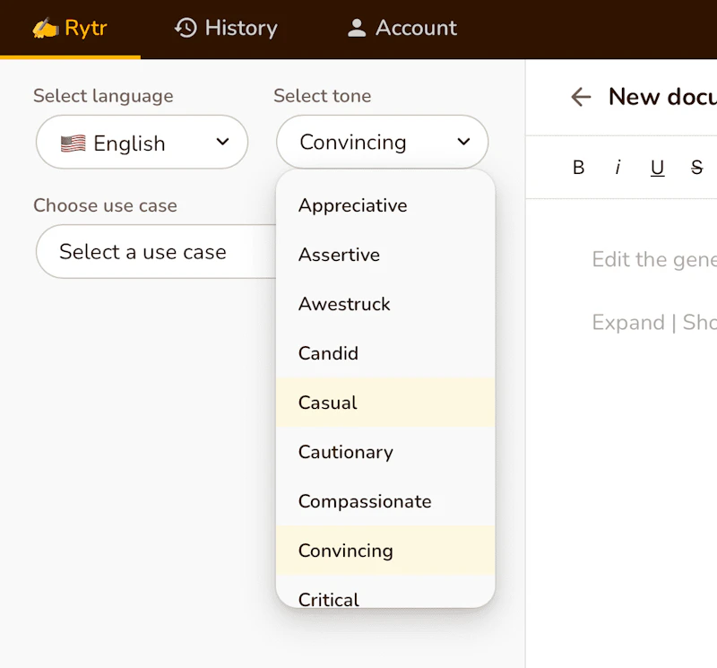 Rytr：文章トーン