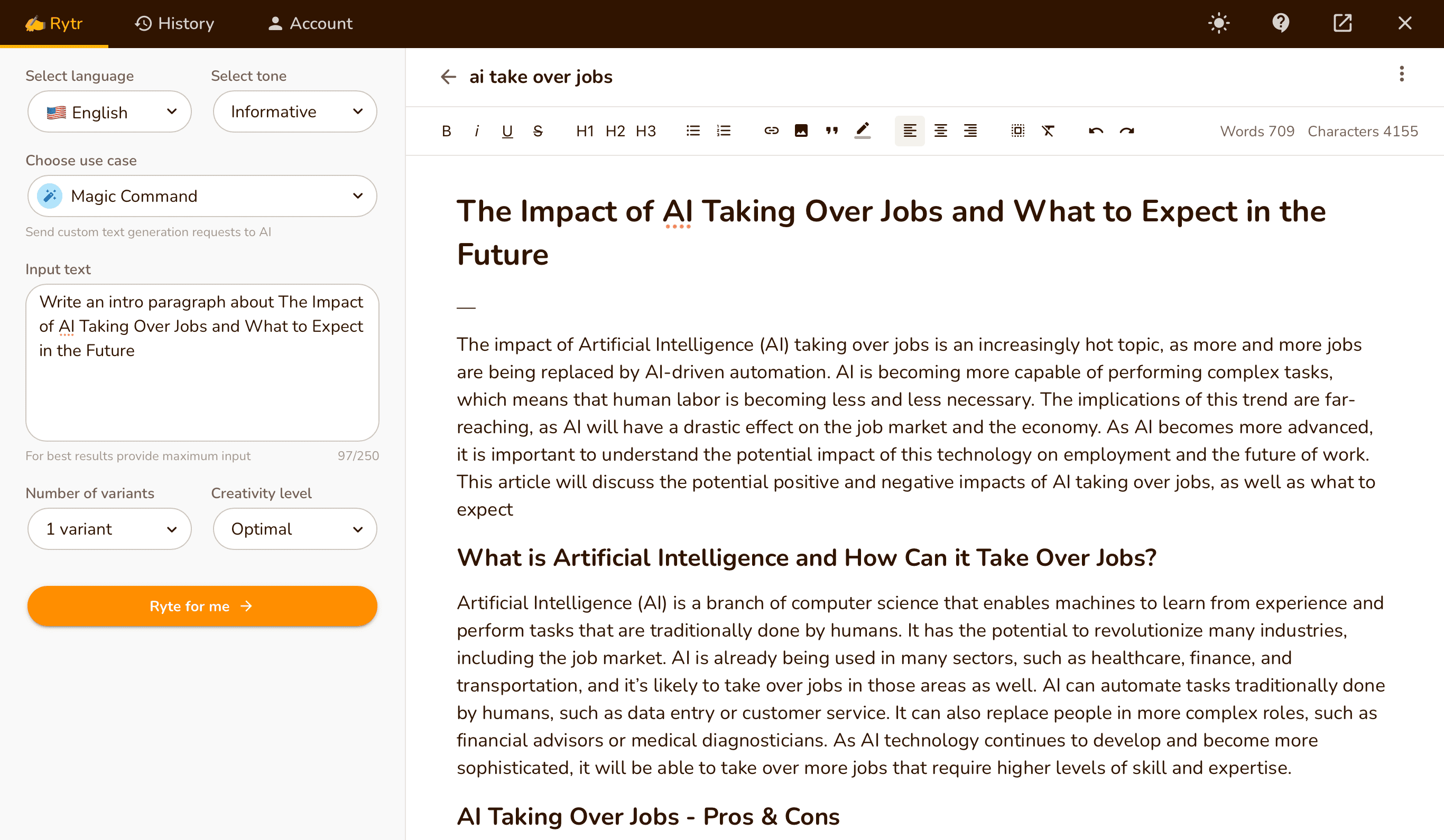 Rytr：マジックコマンド（結果）