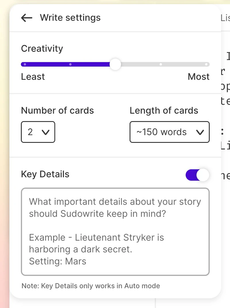 Sudowrite：ライティング設定