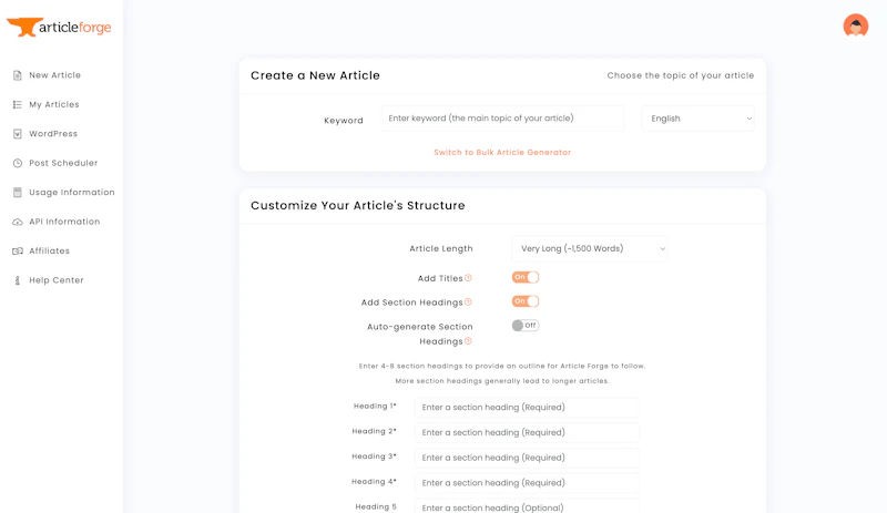 Article Forge：見出し設定