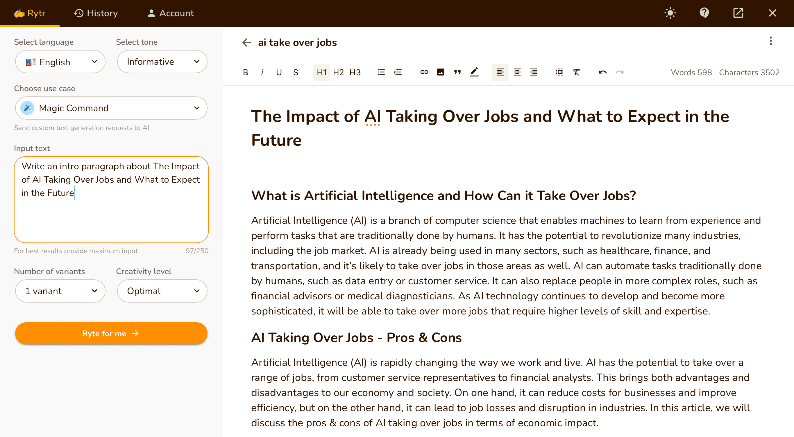 Rytr：マジックコマンド