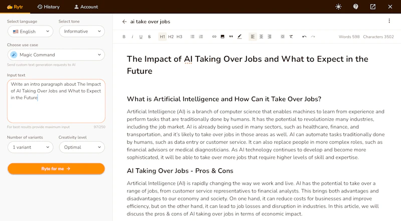 Rytr：マジックコマンド