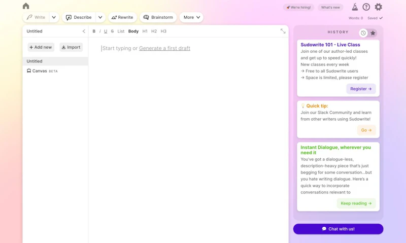 Sudowrite：画面レイアウト（旧バージョン）