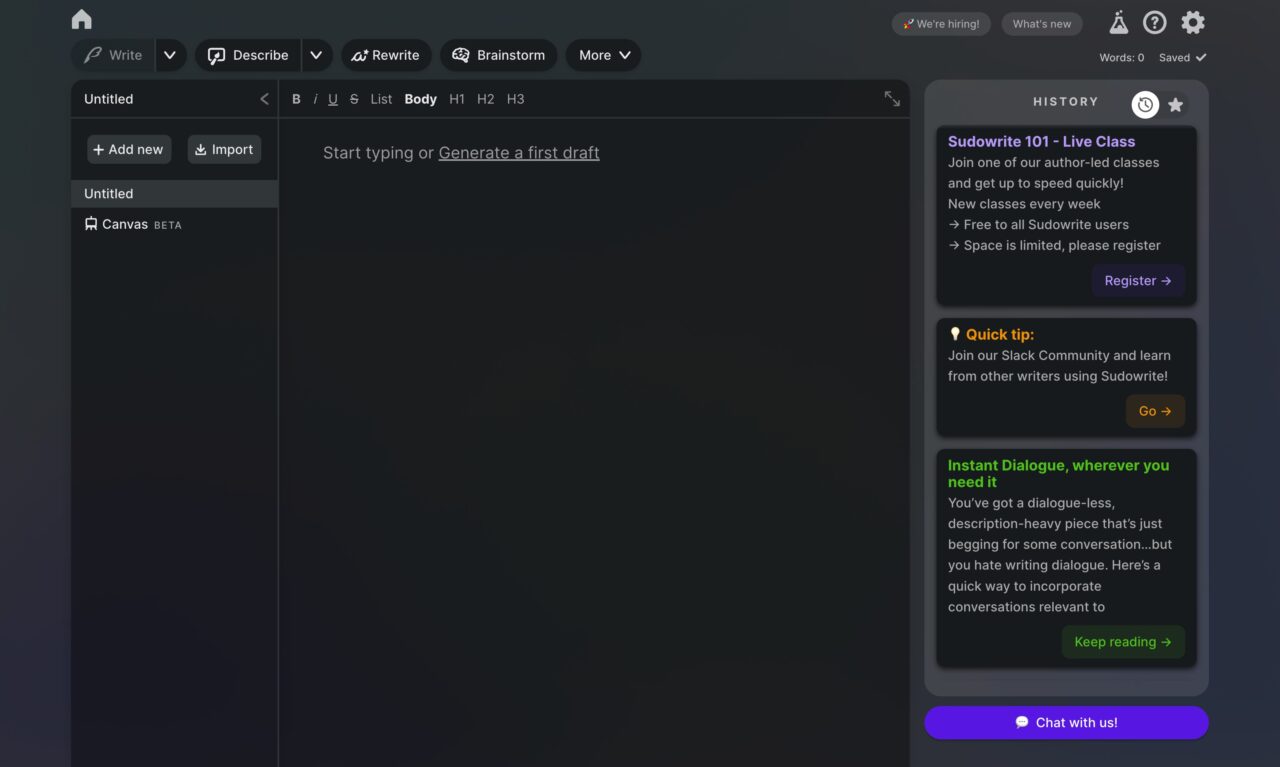 Sudowrite：ダークモード