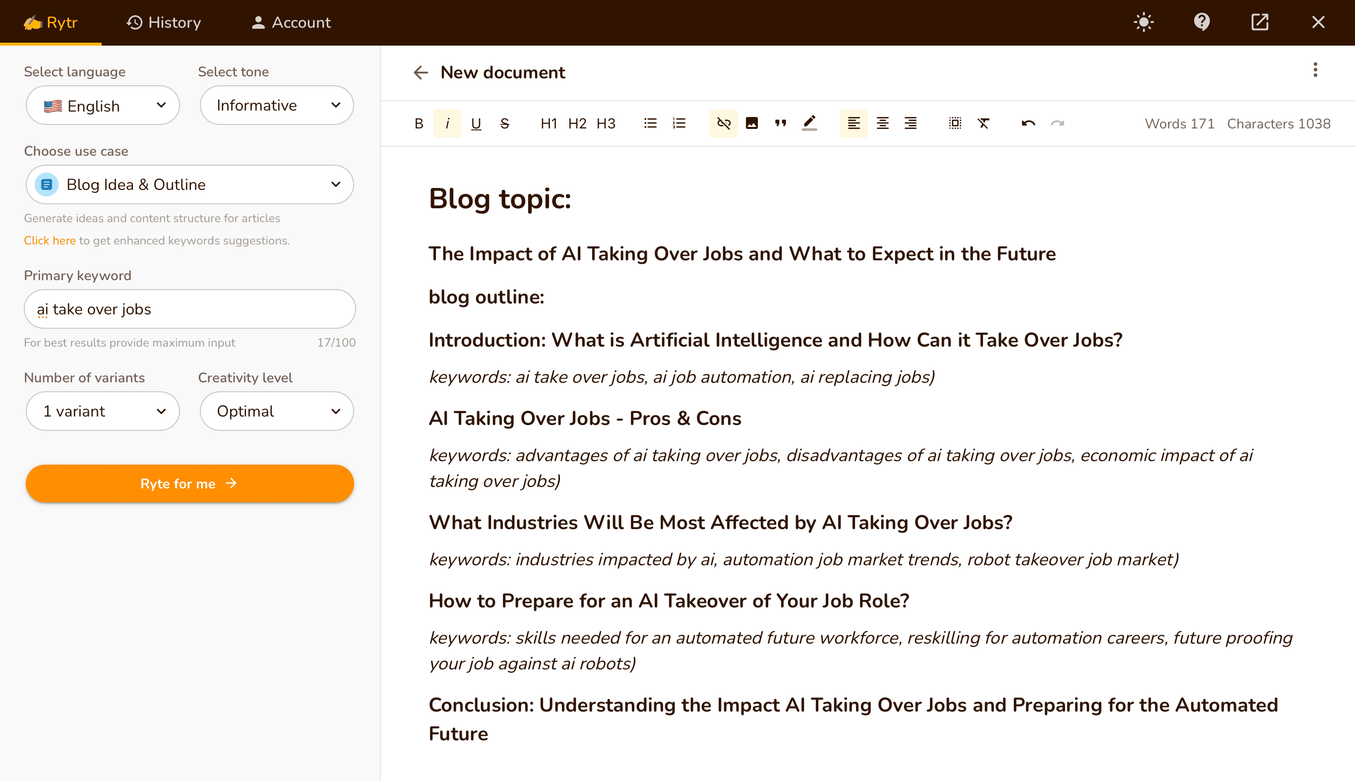 Rytr：ブログアイデア