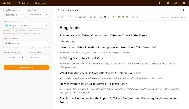 Rytr：ブログアイデア