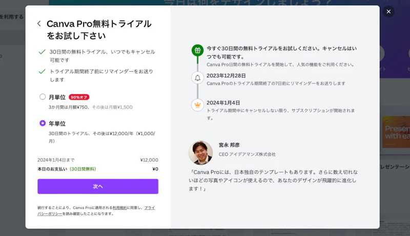 Magic Write（Canva）：Pro版支払い（年単位）