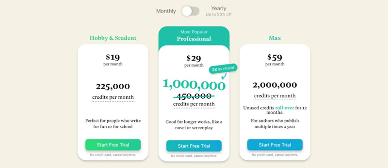 Sudowrite：新料金プラン（月払い）