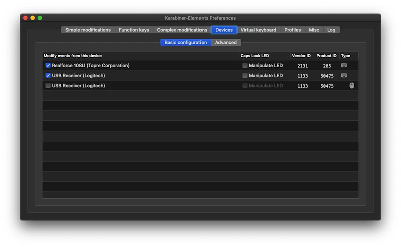 Karabiner-Elementsの設定：Device
