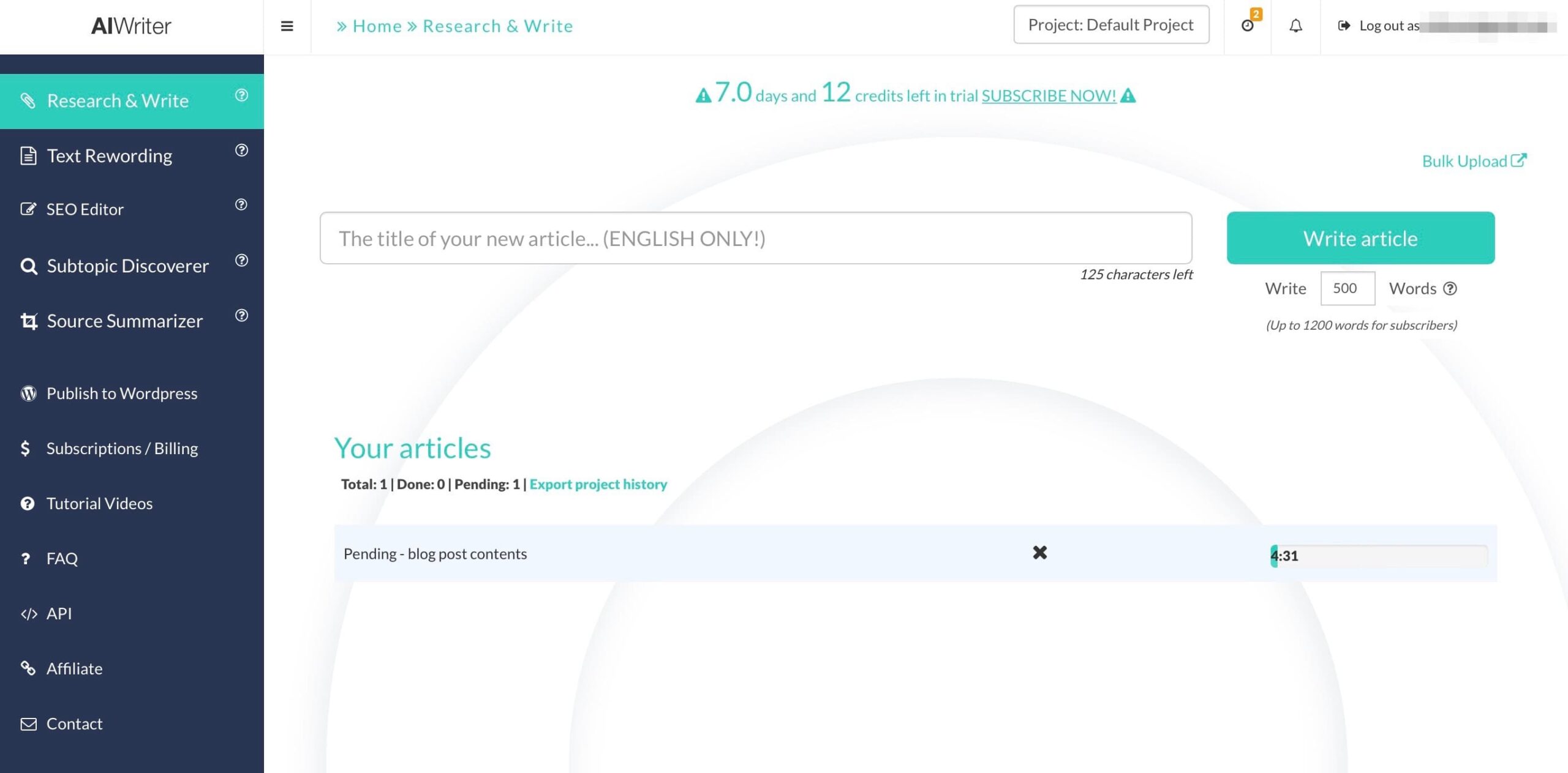 AI-Writer：初期画面