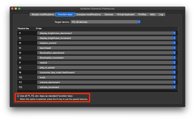 Karabiner-Elementsの設定：Function Keys