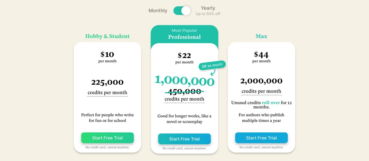 Sudowrite：新料金プラン（年払い）