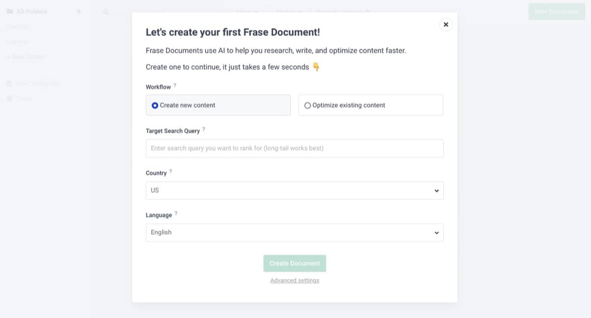 Frase.io：新規ドキュメント作成