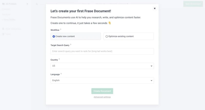 Frase.io：新規ドキュメント作成