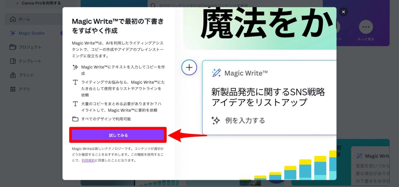 Magic Write（Canva）：スタートボタン