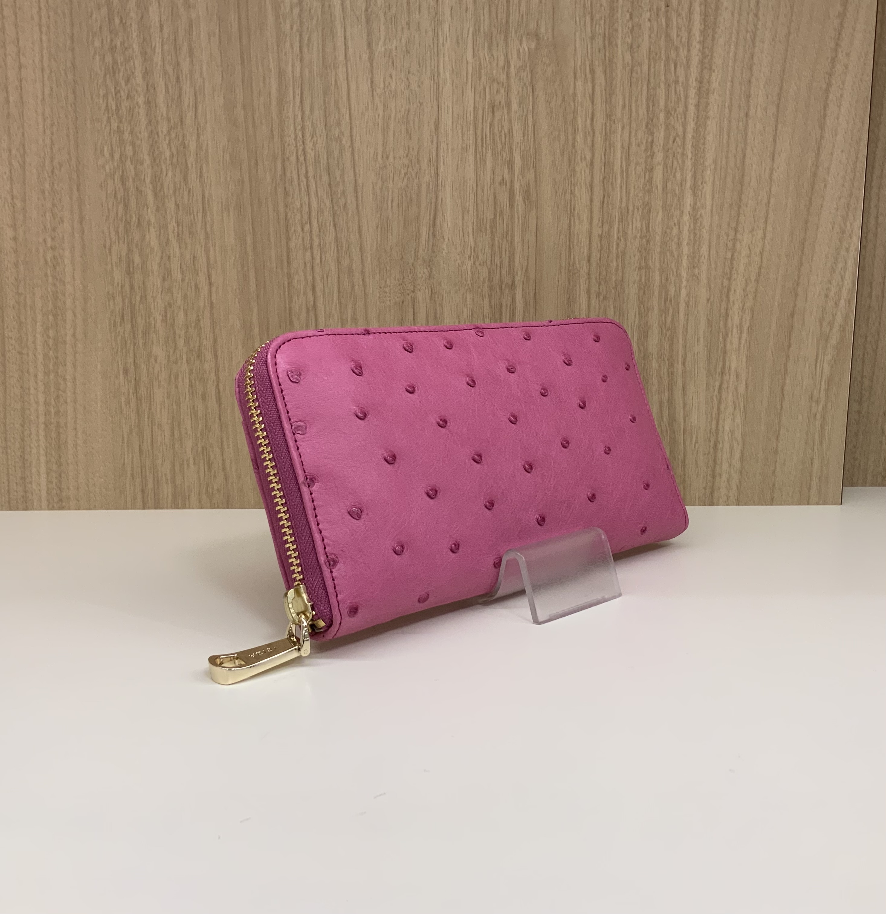 新品！□オーストリッチ ラウンドファスナー財布□ピンク×紫